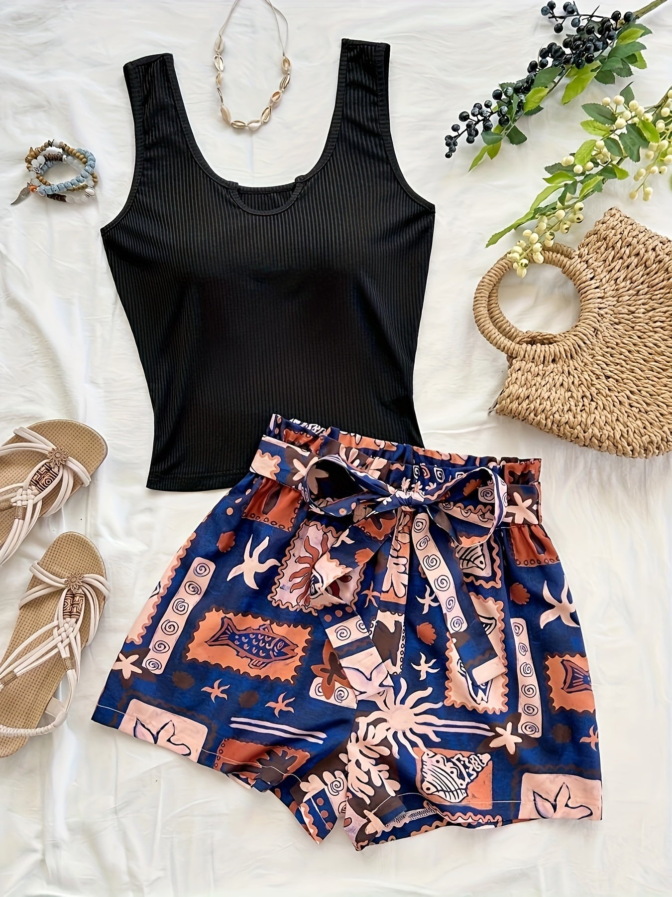 Women's Summer Two-Piece Set – Tropical Shorts and Ribbed Top for Vacation and Leisure