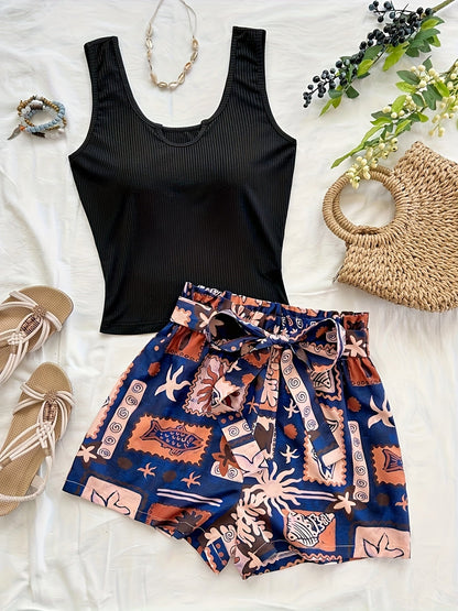 Women's Summer Two-Piece Set – Tropical Shorts and Ribbed Top for Vacation and Leisure