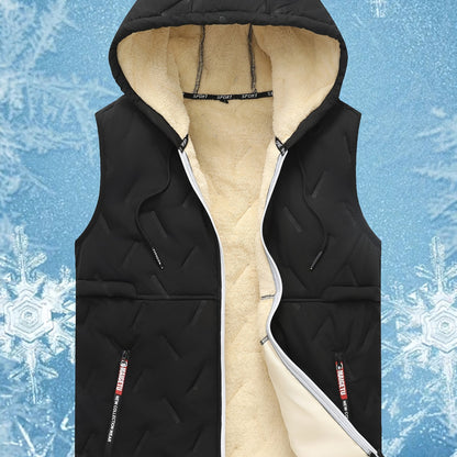 Padded men's vest in black with a hood and plush lining