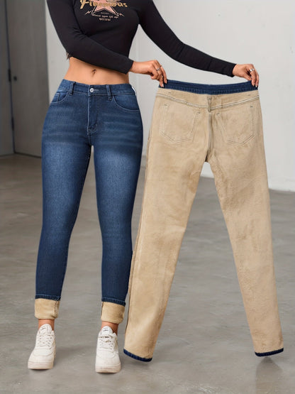 Women's lined slim-fit jeans in dark blue with warm inner lining