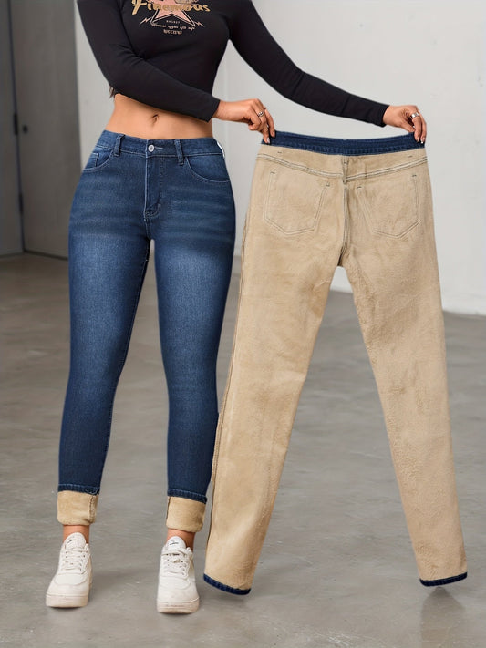Damen Gefütterte Slim Fit Jeans Dunkelblau mit warmem Innenfutter