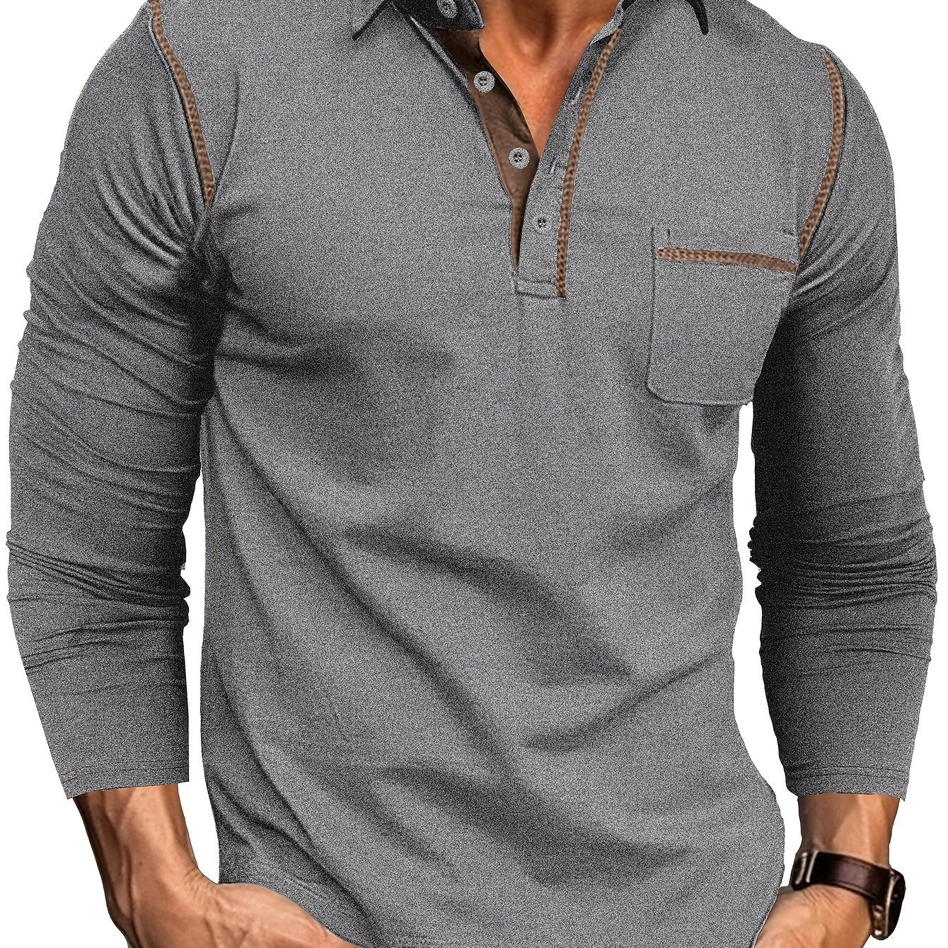 Men's long-sleeve polo shirt with chest pocket and contrast stitching