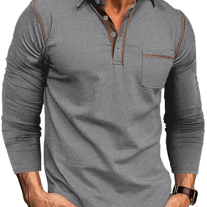 Men's long-sleeve polo shirt with chest pocket and contrast stitching