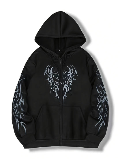 Hooded jacket with a zipper and graphic print