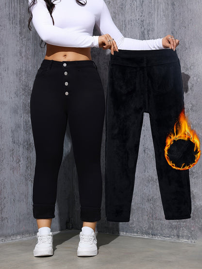 Damen Skinny Jeans Schwarz mit Knopfleiste Hoher Bund Gefüttert