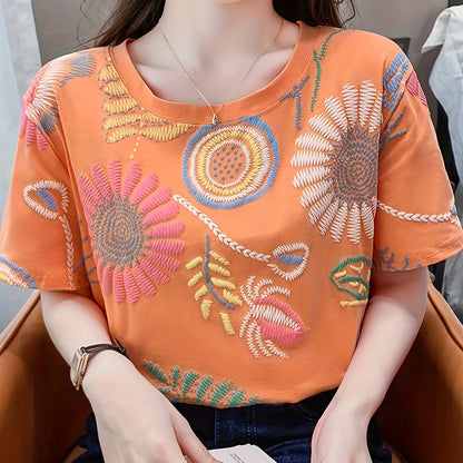 Women's Boho-Style Embroidered T-Shirt – Short Sleeve, Summer, Casual, Fashionable