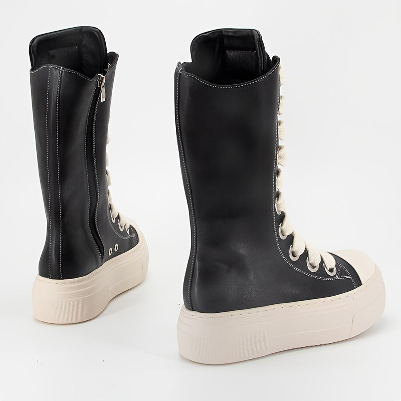 Platform High-Top Boots Black White with Lacing