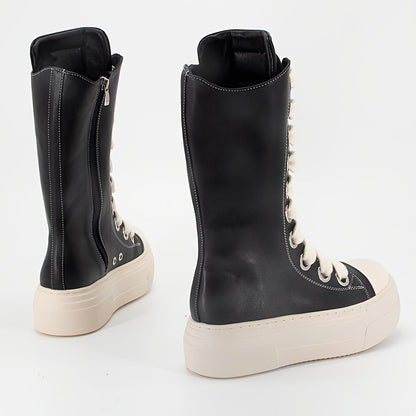 Platform High-Top Boots Black White with Lacing