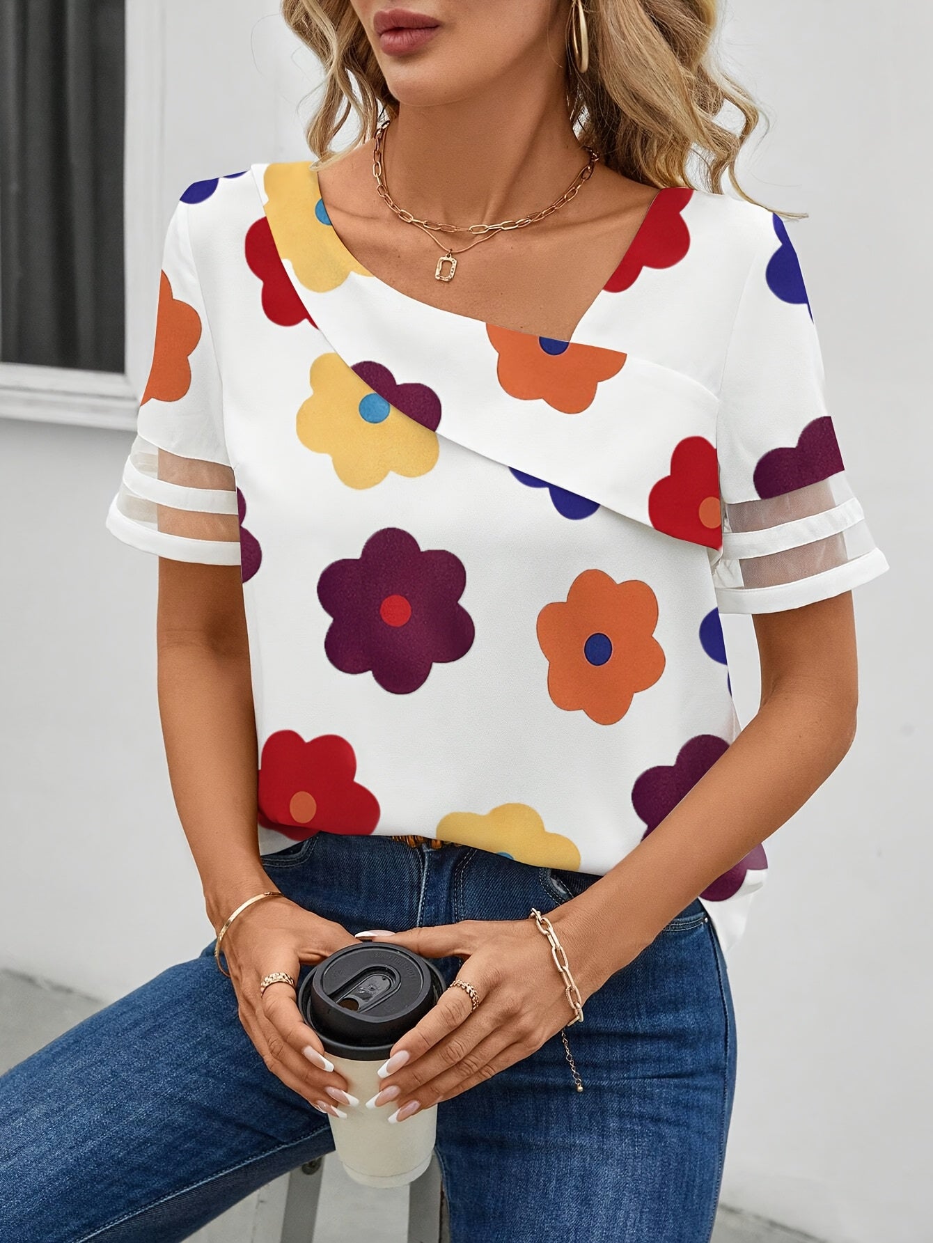 Women's blouse with asymmetrical neckline and floral pattern – Elegant summer look, casual and everyday wear