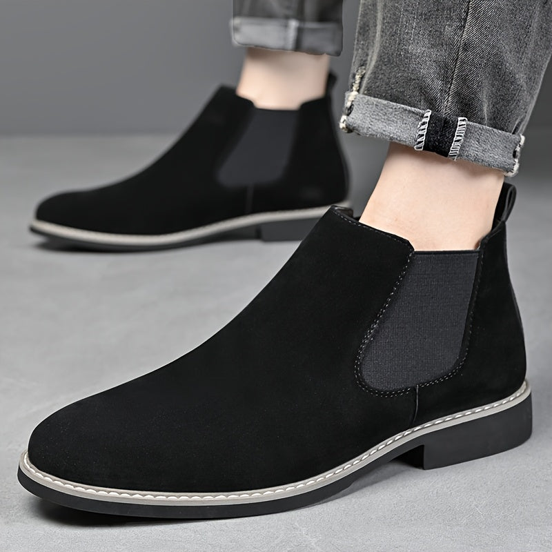 Men's Chelsea boots in faux suede with elastic inserts, brown and black