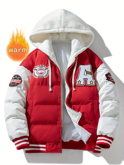 Unisex Winter Jacke im College-Stil mit abnehmbarer Kapuze, Kontrastärmeln & Patches