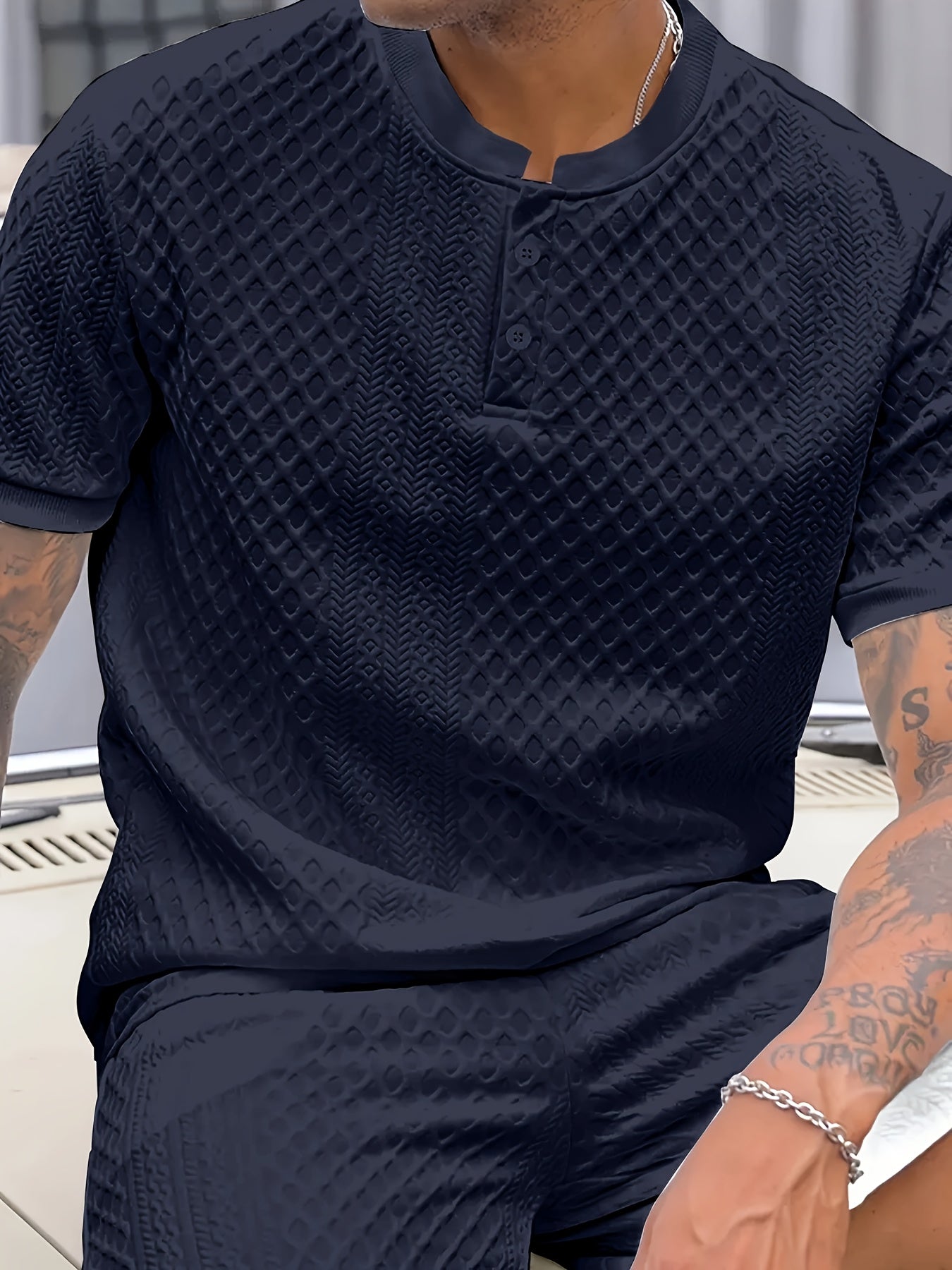 Herren Sommer Set – Strukturierte Freizeit Zweiteiler mit Knopfleiste, Kurzarm und Stehkragen