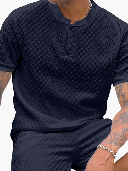 Herren Sommer Set – Strukturierte Freizeit Zweiteiler mit Knopfleiste, Kurzarm und Stehkragen