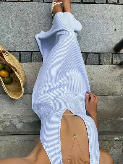 Women's halterneck maxi dress with stripes – Elegant summer dress for vacation and garden party