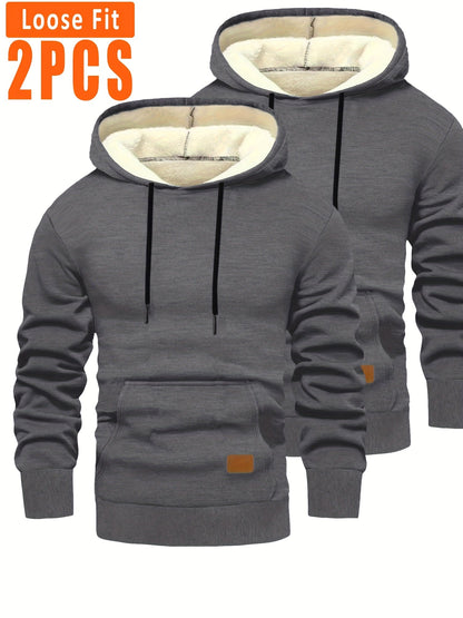 2-pack of men’s hooded sweatshirts, fleece-lined, with kangaroo pockets and drawstrings, black & dark gray
