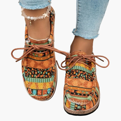 Women's Vintage Casual Shoes with Colorful Ethnic Pattern and Laces – Fashionable Penny Loafers for Everyday & Travel