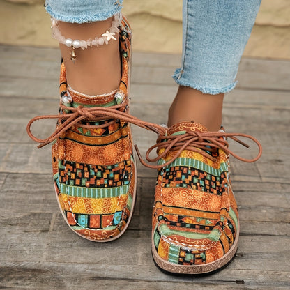 Women's Vintage Casual Shoes with Colorful Ethnic Pattern and Laces – Fashionable Penny Loafers for Everyday & Travel
