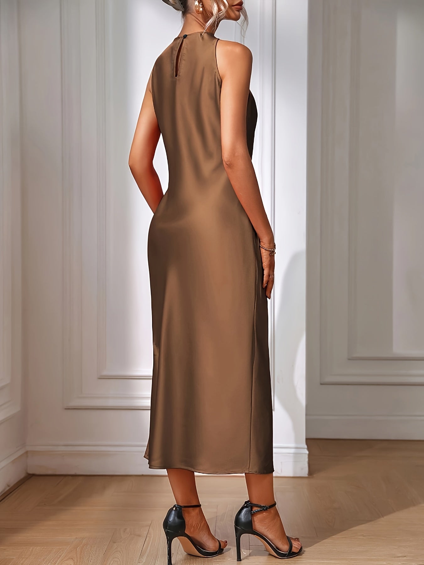 Women's Elegant Midi Dress with High Neckline for Special Occasions