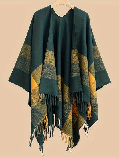 Women's Fringe Trim Open Front Poncho Cape