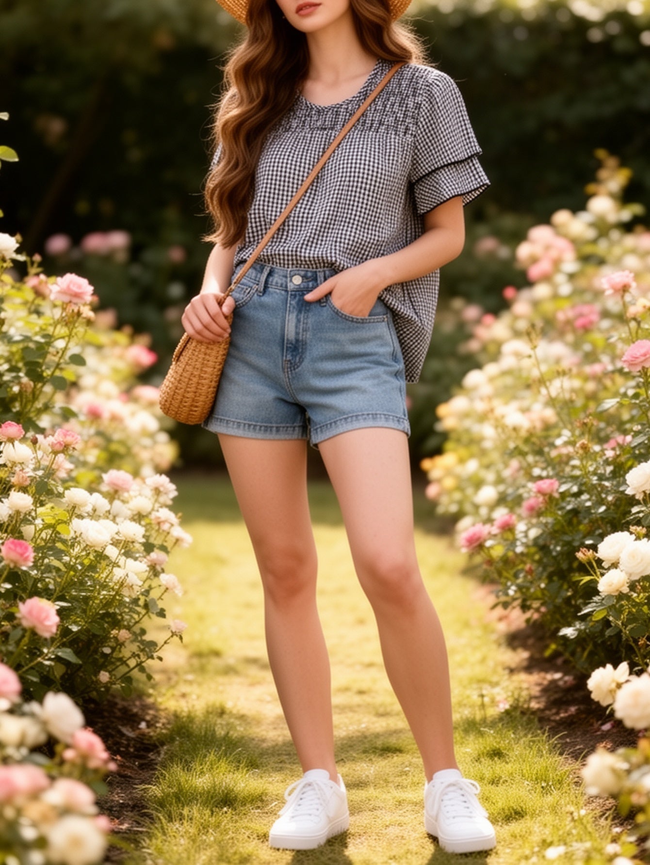 Women's Summer Casual Outfit – Checked Top with Denim Shorts and Sneakers – Perfect for Garden & Everyday Wear