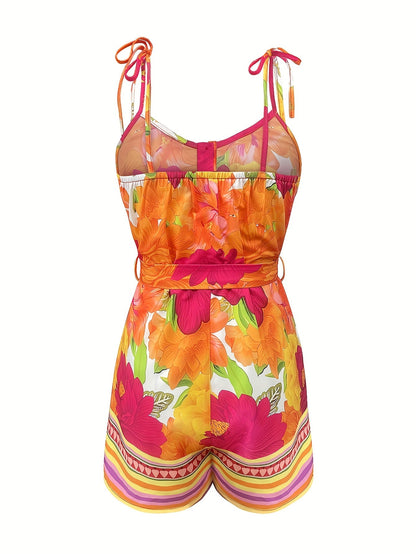 Women's summer jumpsuit with belt and tropical print – elegant casual romper for vacation & everyday wear