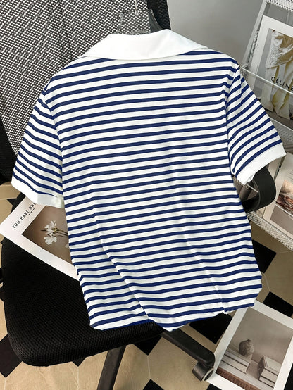 Women's polo shirt with stripes and V-neck – smart-casual style for leisure and office