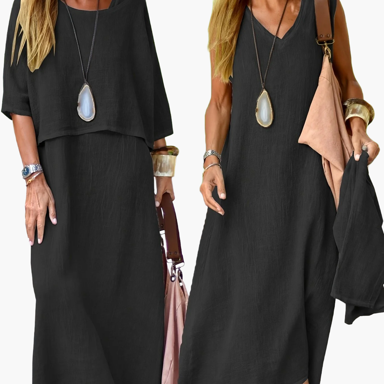 Damen Maxikleid Zweiteiler Set Boho Stil Lässig Sommerkleid für Alltag und Urlaub