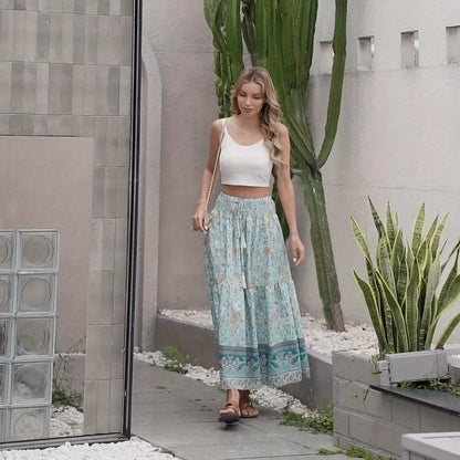 Women's Boho Maxi Skirt with Floral Pattern and Drawstring – Elegant Summer Skirt for Casual Wear and Vacation