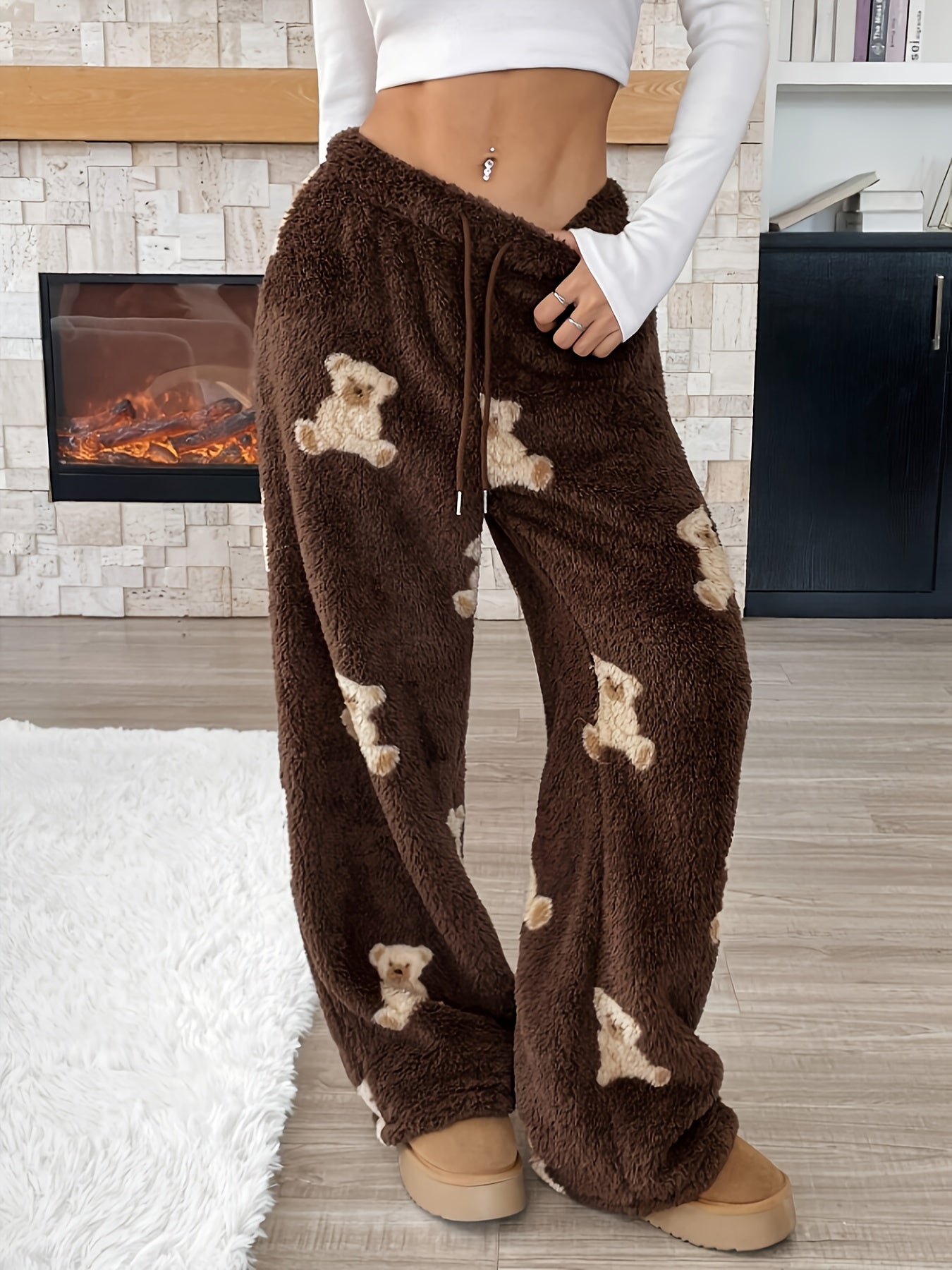 Plush pants, brown teddy bear pattern, wide leg