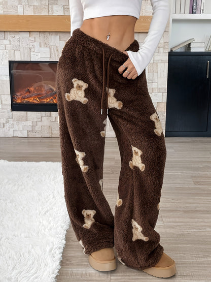Plush pants, brown teddy bear pattern, wide leg