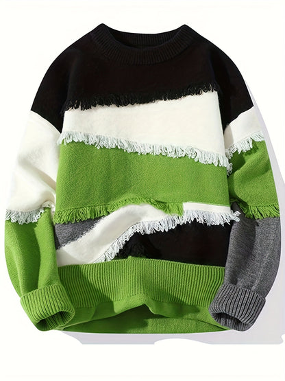 Unisex long-sleeve pullover with color-block design, fringe, and crew neck