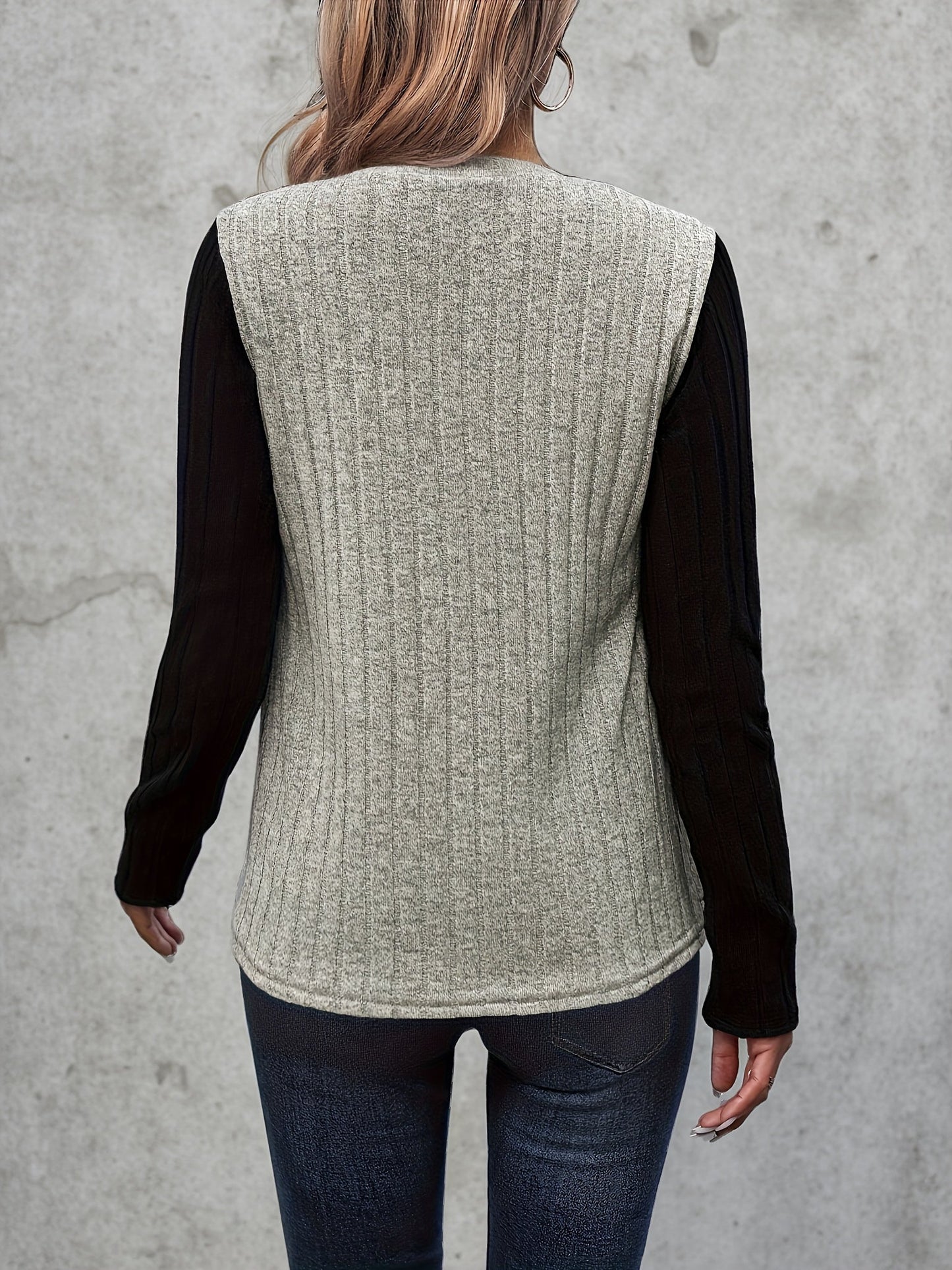Damen Langarmshirt Gerippt mit Knopfleiste Kontrastärmel Schwarz