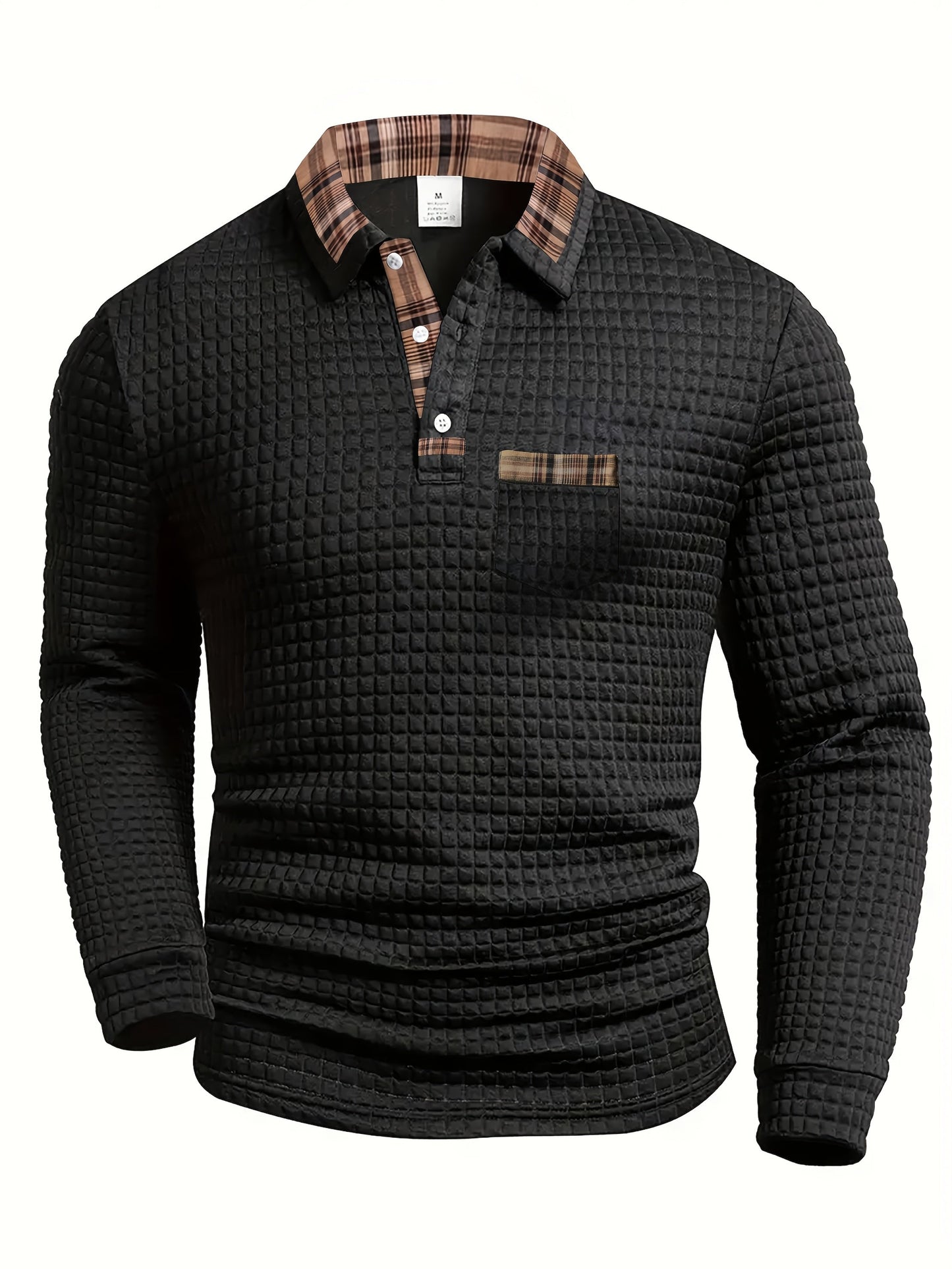 Men's long-sleeve polo shirt with waffle texture and checked pattern