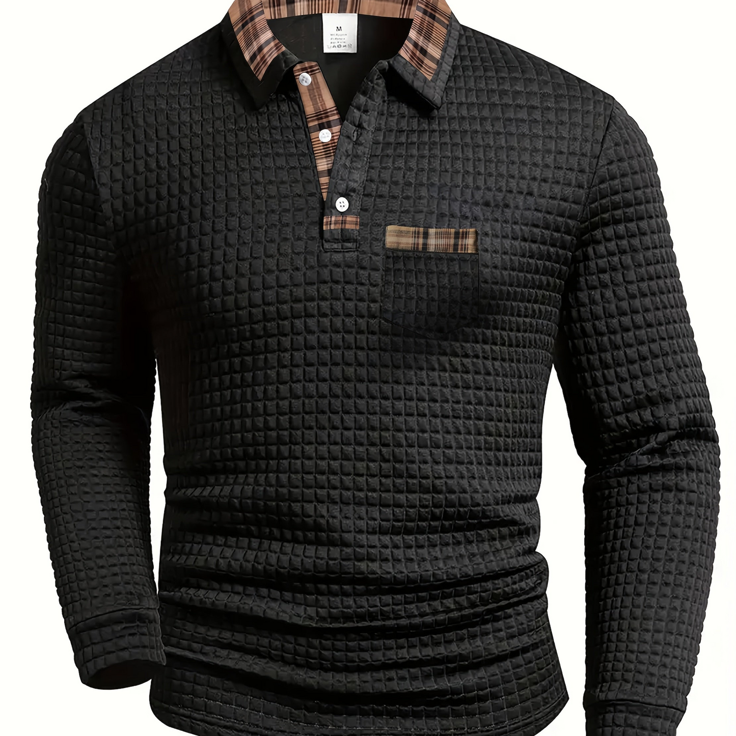 Men's long-sleeve polo shirt with waffle texture and checked pattern