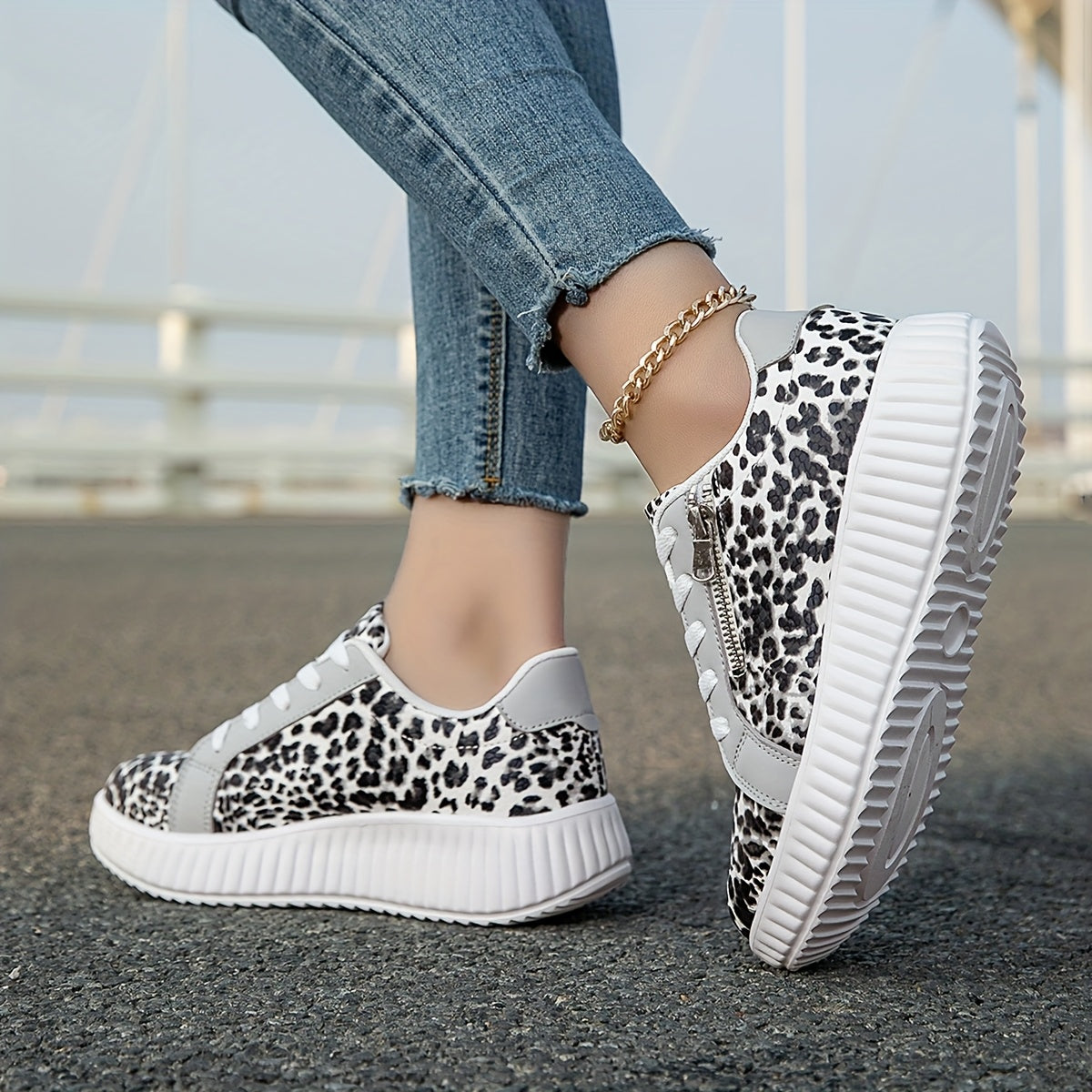 Women's Platform Sneakers with Leopard Print and Zipper – Fashionable Casual Shoes for Everyday and Street Style