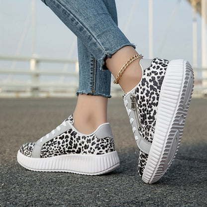 Women's Platform Sneakers with Leopard Print and Zipper – Fashionable Casual Shoes for Everyday and Street Style