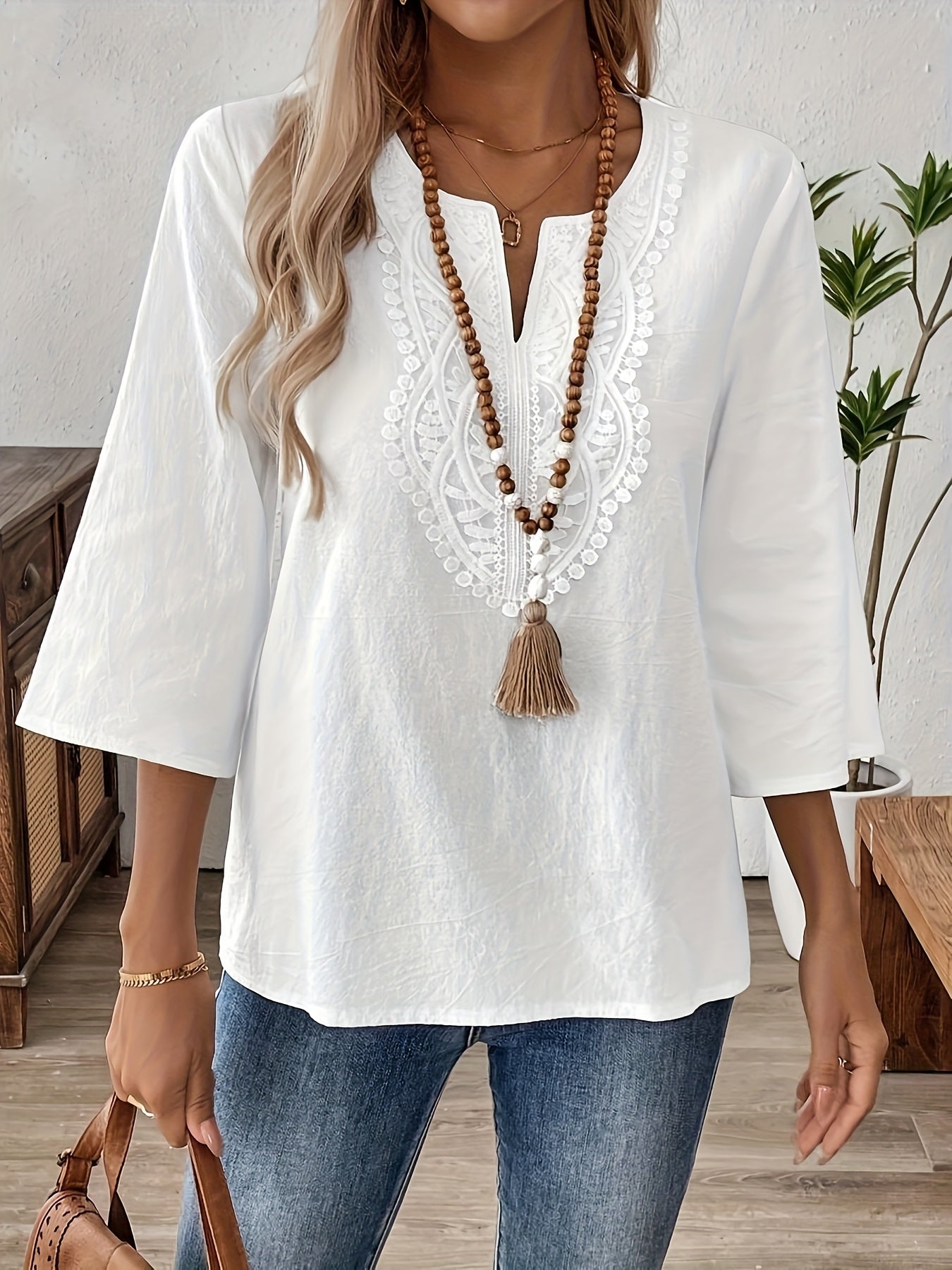 Women's Boho-Style Blouse with Embroidery and 3/4 Sleeves – Perfect for Casual and Everyday Wear