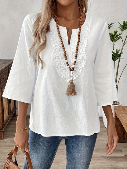 Women's Boho-Style Blouse with Embroidery and 3/4 Sleeves – Perfect for Casual and Everyday Wear