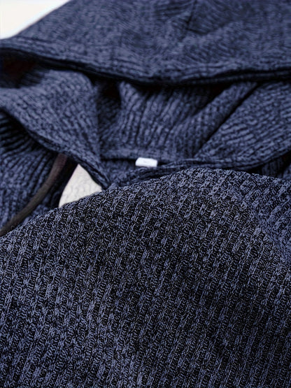 Herren Strickpullover Hoodie Dunkelblau Gerippt mit Knopfleiste