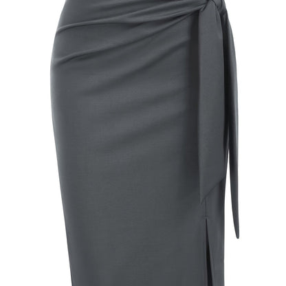 Women's Elegant Midi Skirt with Bow Detail and Slit – Perfect for Office & Festive Occasions