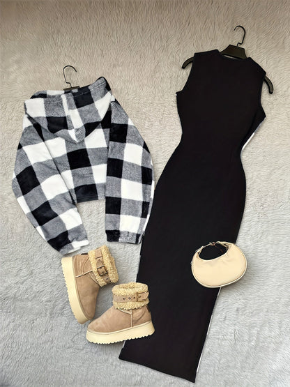 Women’s Hoodie & Dress Two-Piece Set, Black-and-White Plaid
