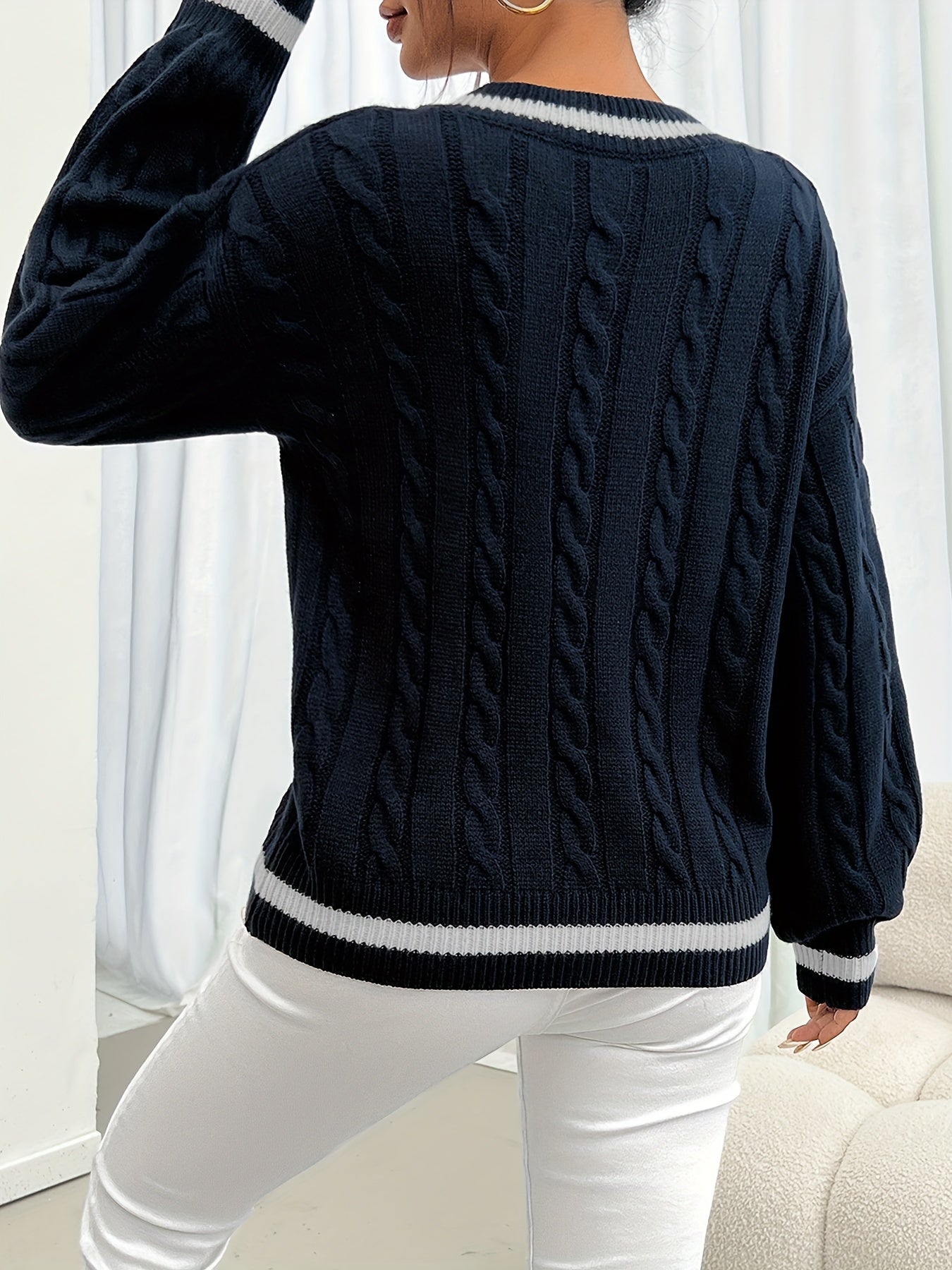 Damen Zopfstrick Pullover V-Ausschnitt Gestreifte Ärmel