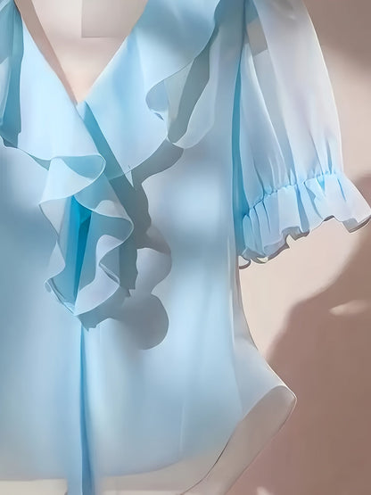 Women's ruffled blouse with frills and puff sleeves – Elegant vintage style for office and leisure