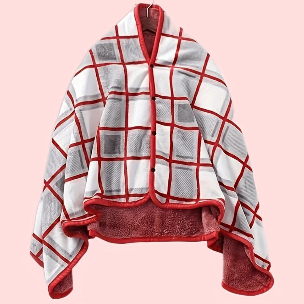 Women's Plaid Snap Button Fleece-Lined Poncho Cape