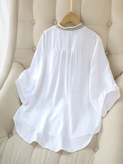 Women's Elegant Embroidered Blouse with 3/4 Sleeves – Perfect for Office and Leisure