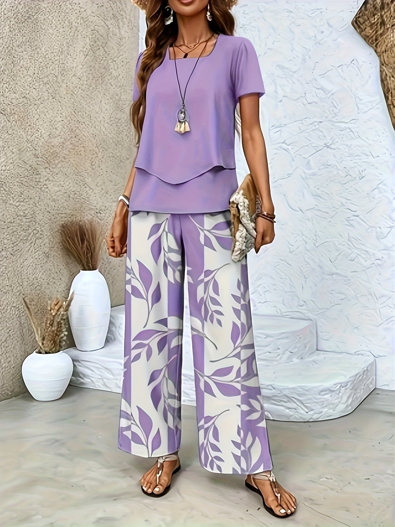Women's Elegant Two-Piece Set with Short-Sleeve Shirt and Wide-Leg Pants, Floral, Perfect for Everyday and Vacation