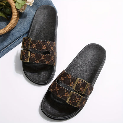 Women's Comfort Slides with Double Straps and Buckles – Fashionable Casual Sandals for Everyday and Vacation