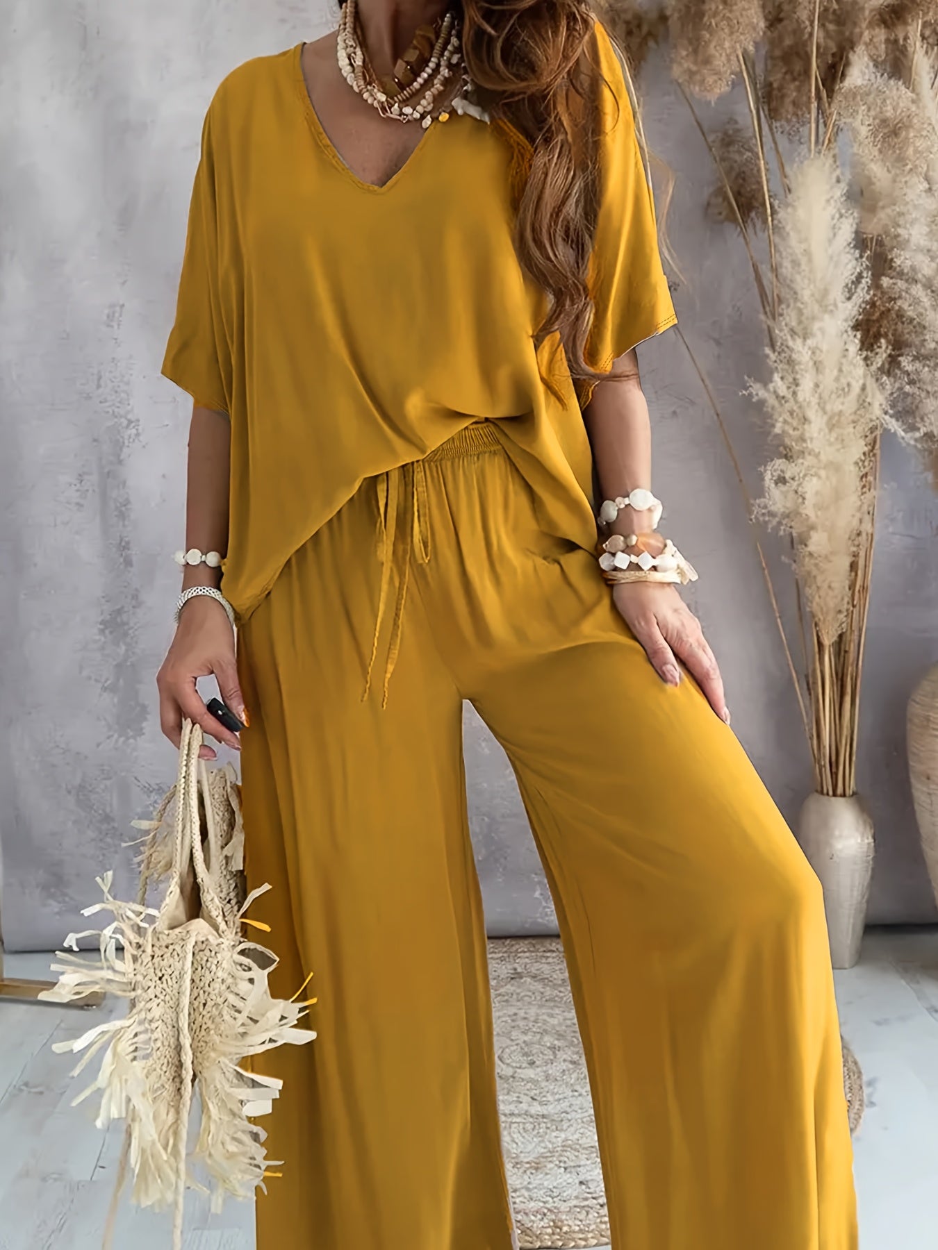 Women's Loose Lounge Pants & V-Neck Blouse Set – Elegant Casual Outfit for Everyday and Vacation