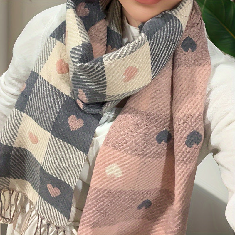 Plaid scarf with a heart pattern and fringes, brown women’s scarf