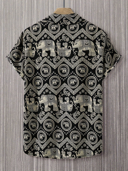 Men's Resort Shirt with Elephant and Mandala Print, Short Sleeve, Casual and Summer Style